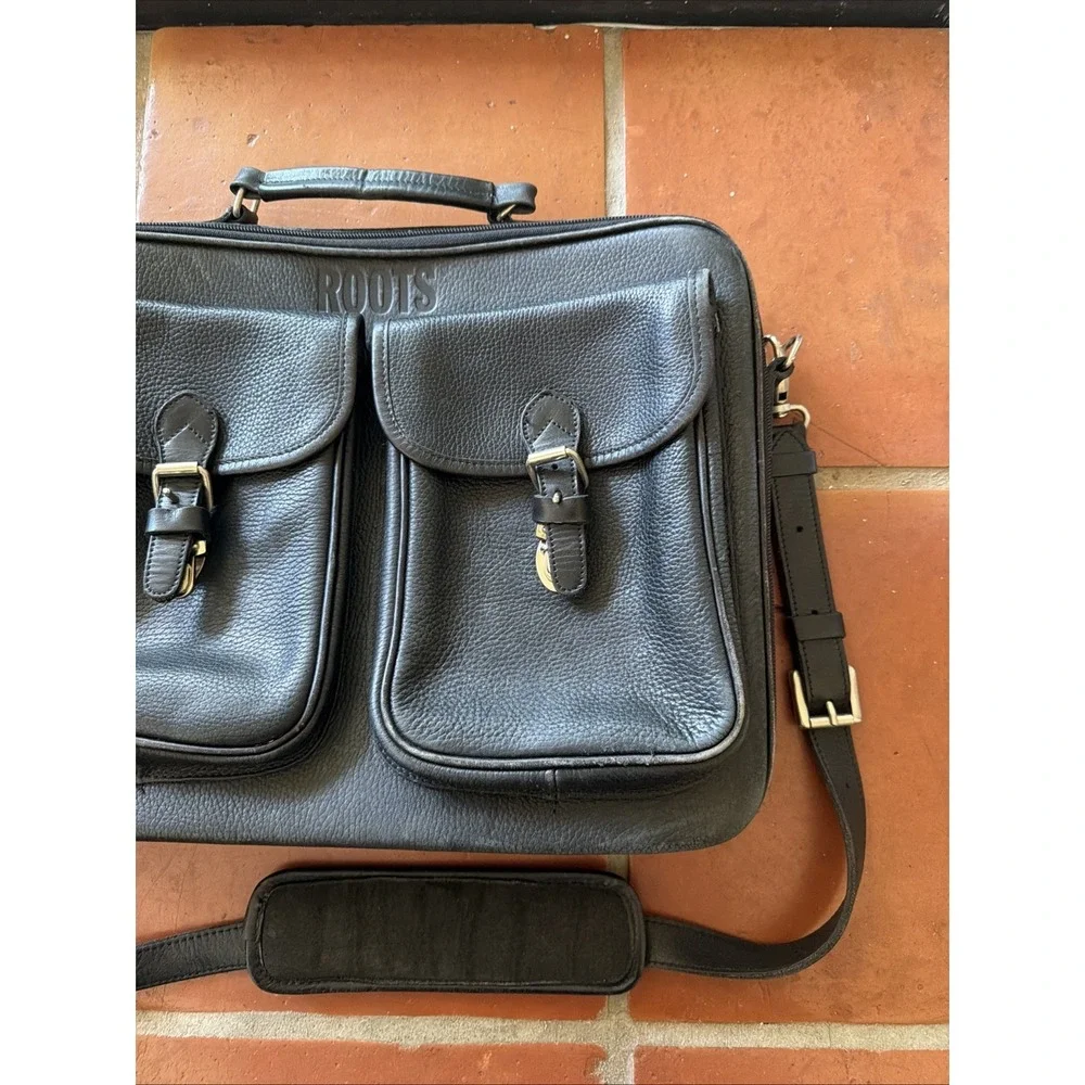 ROOTS Vintage Black Leather Canada Messenger Briefcase Sling Silver Buckles